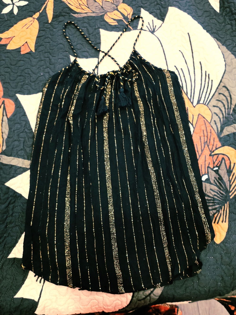 Charming Charlie Black Tank with Metallic Gold Stripes